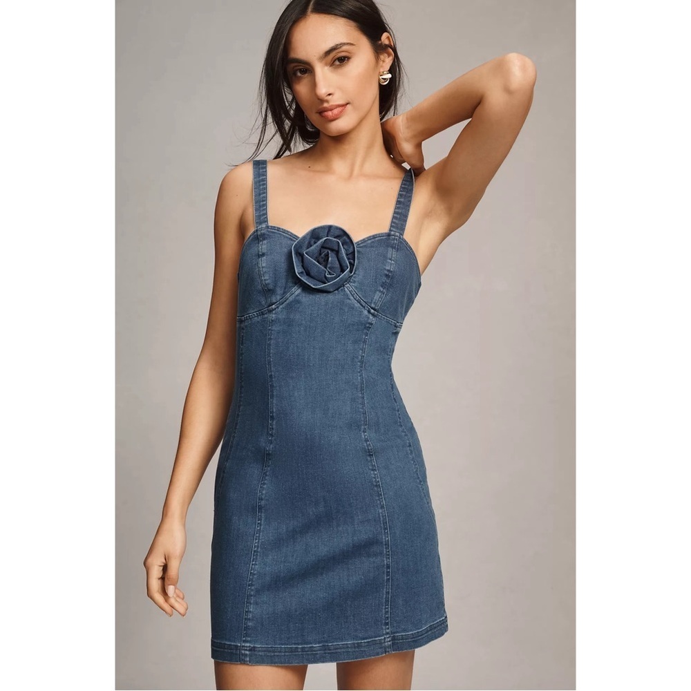 Anthropologie Porridge Denim Rosette Bodycon Mini Dress Blue Petite Small NWT